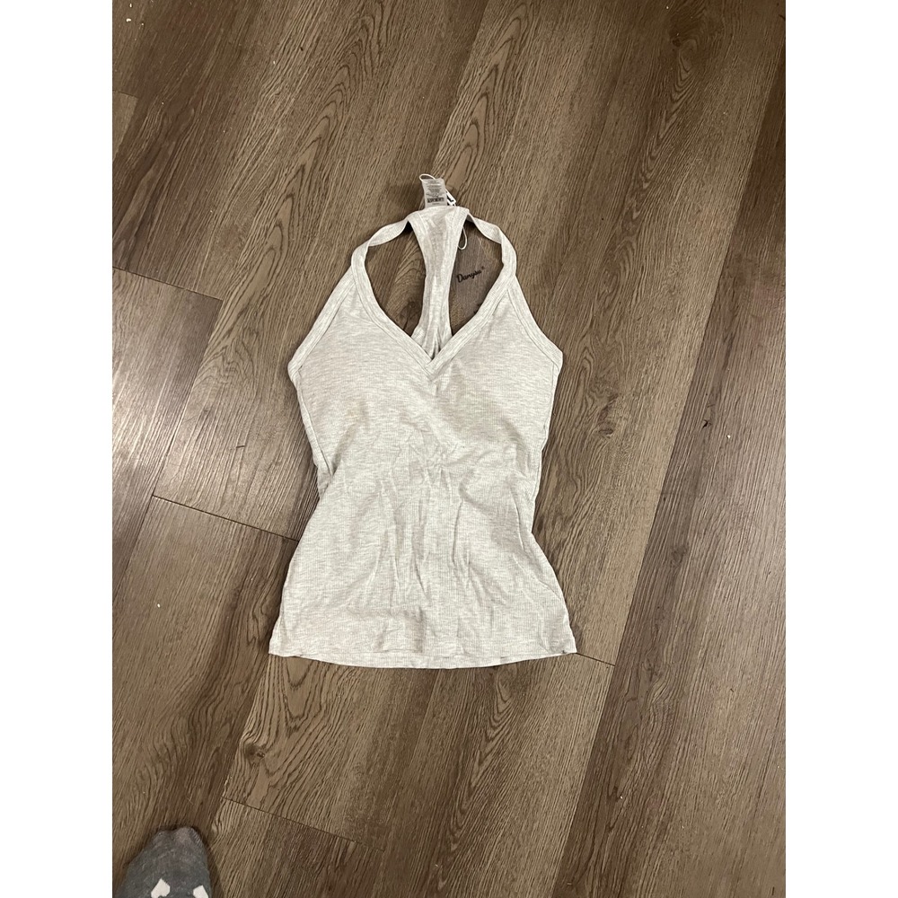 Danysu Women Light Gray Ribbed‎ Racerback V-Neck Tank Top Size Small